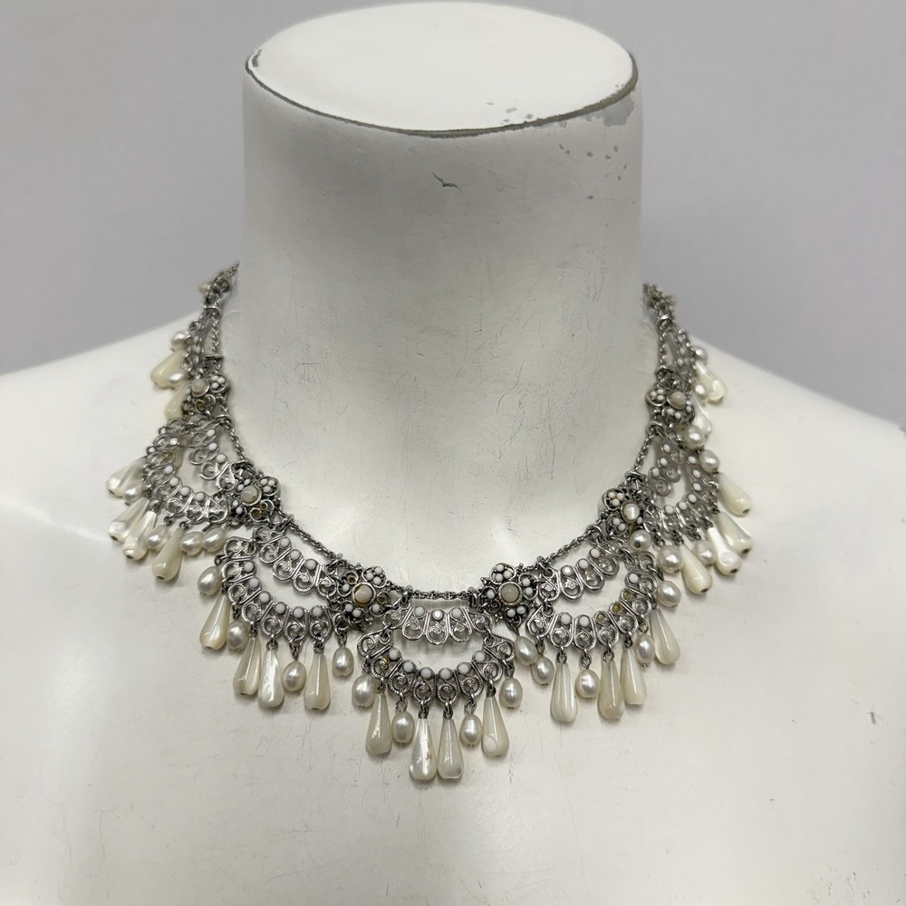 Barrera Silver Metal Pearl & White Jet Dangling Necklace Needs TLC